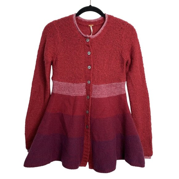 Free People XS Red Gradient Angora Wool Knit Long Cardigan Sweater Peplum Chunky - Picture 6 of 7